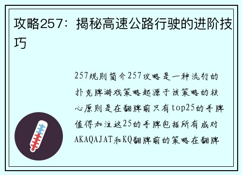 攻略257：揭秘高速公路行驶的进阶技巧